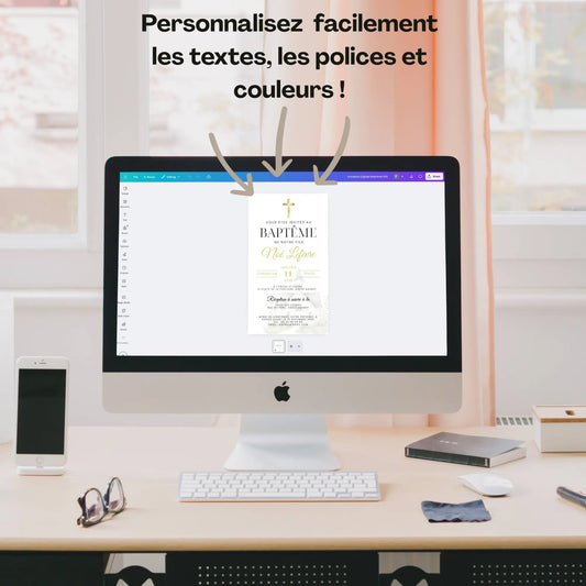 Faire-part de baptême personnalisable affiché sur Canva, visible sur un écran d’ordinateur dans un bureau lumineux.