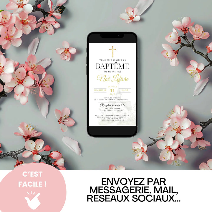 Faire-part baptême numérique à envoyer par mail ou messagerie, avec fleurs roses et design élégant personnalisable.