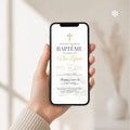 Faire-part de baptême numérique affiché sur smartphone, modèle élégant avec croix dorée et typographie moderne.