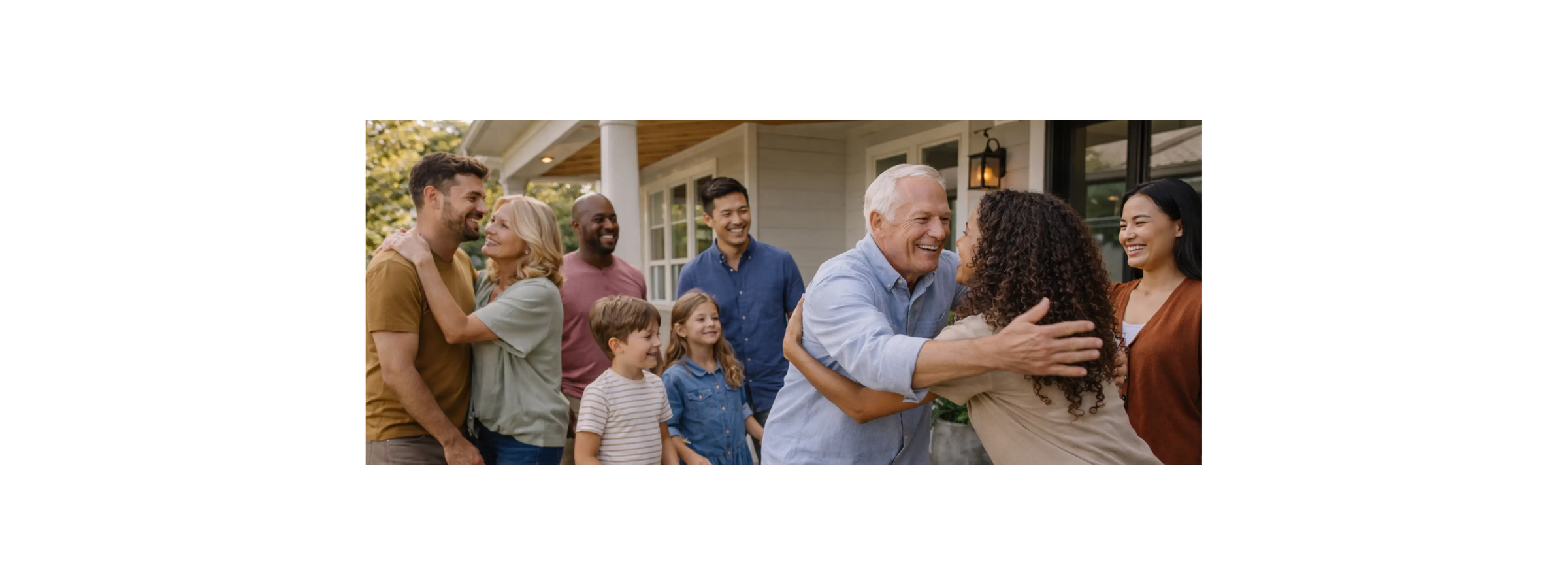 Rencontre de la famille, tout le monde se dit bonjour en s'embrassant