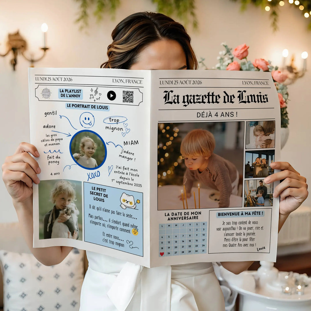 Photo d'un journal souvenir anniversaire enfant avec photos jeux mots croisés et exploits modèle canva à personnaliser