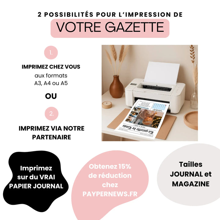 gazette anniversaire enfant imprimée sur papier journal impression maison ou professionnelle format A4 A5 journal souvenir enfant personnalisé Canva