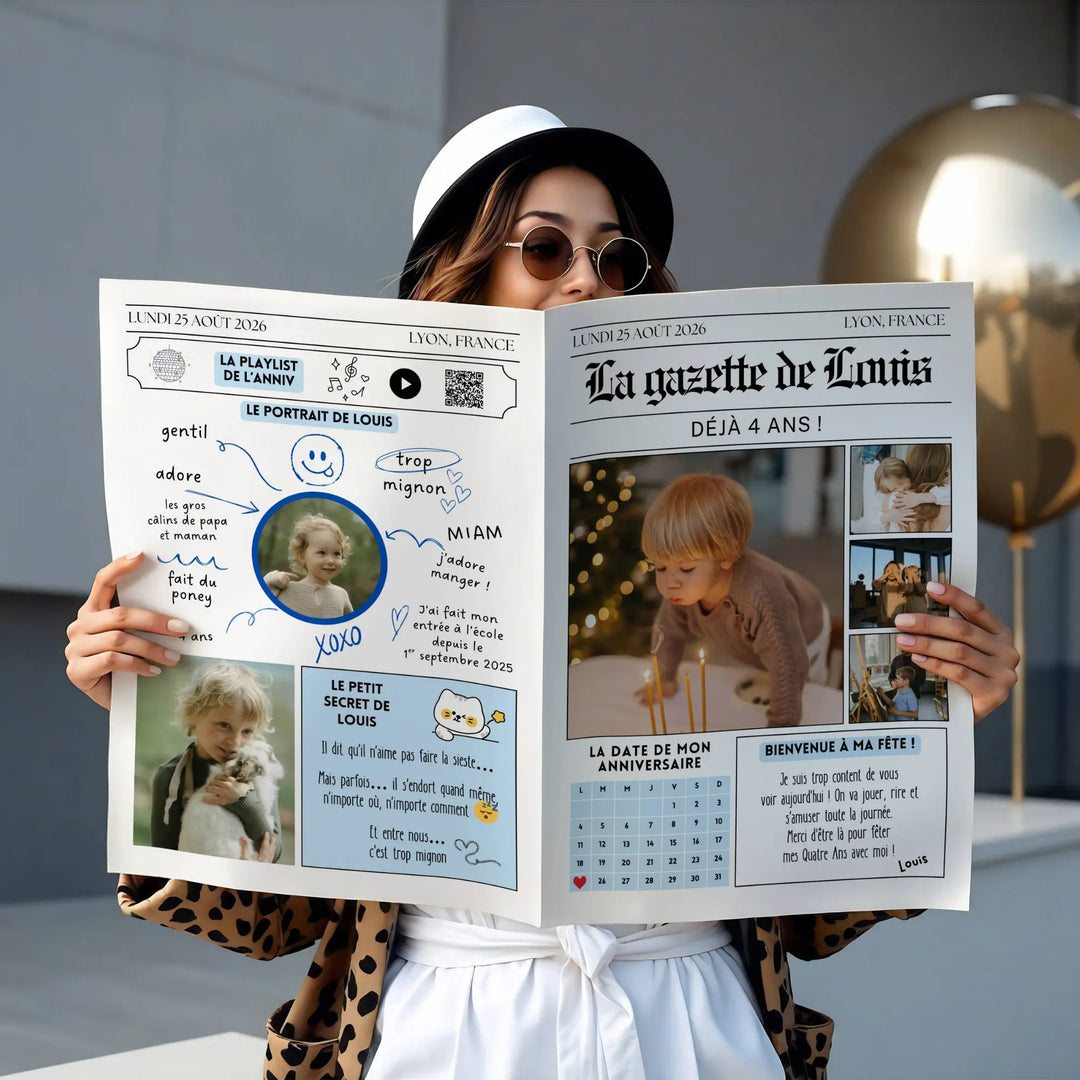 Femme avec un chapeau tenant une gazette diy anniversaire garçon, une invitation originale pour enfant avec playlist qr code, jeux personnalisés.