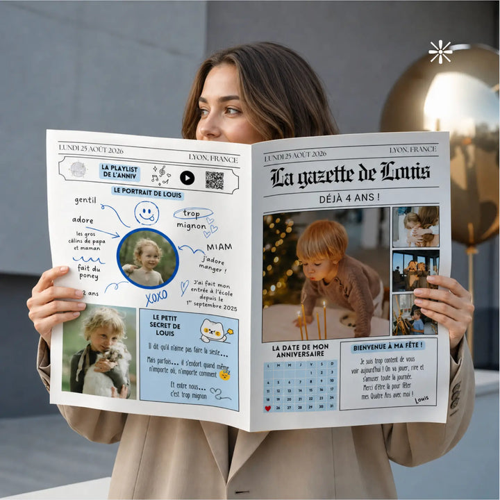 Femme avec un chapeau tenant une gazette diy anniversaire garçon, une invitation originale pour enfant avec playlist qr code, jeux personnalisés.