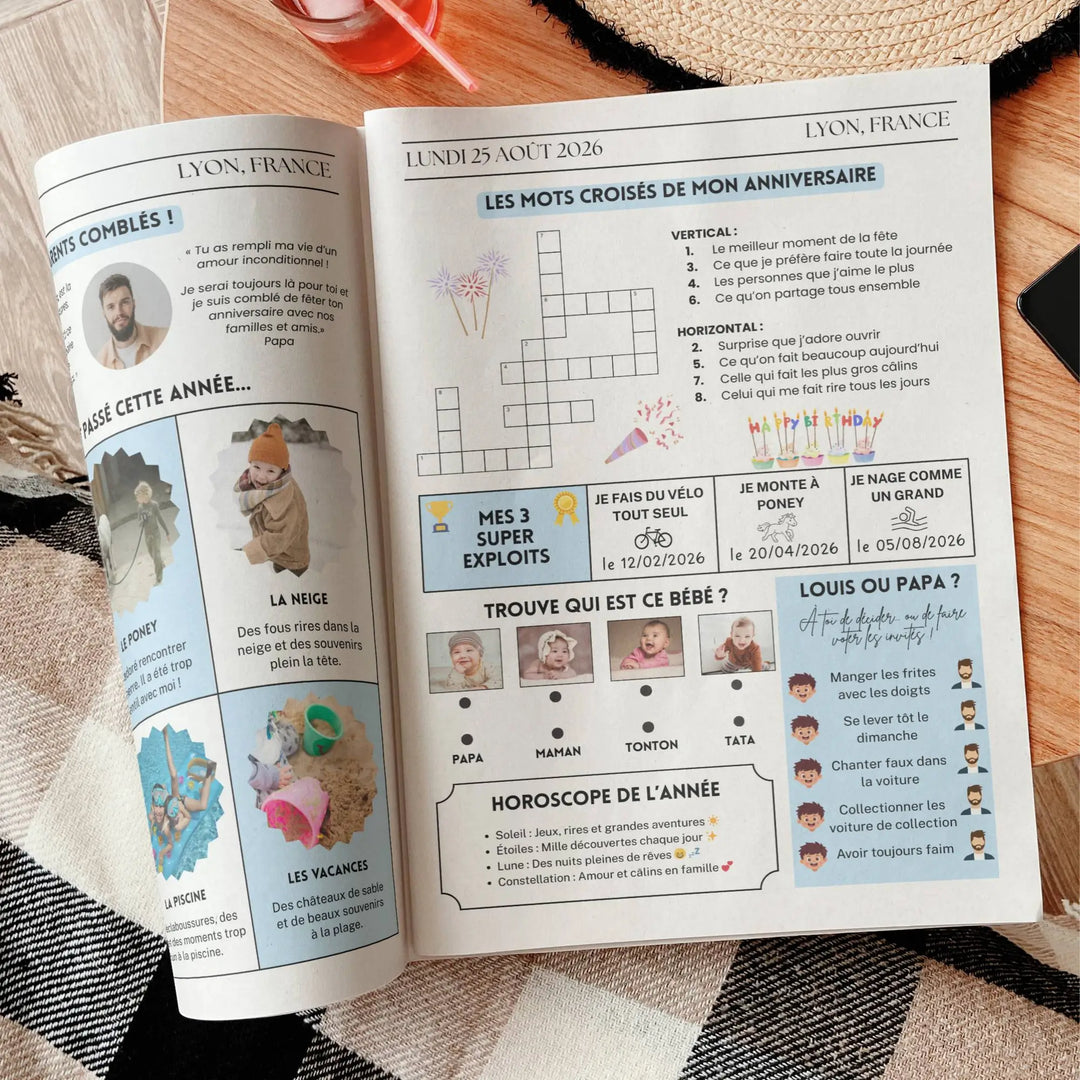 journal anniversaire enfant personnalisé avec jeux quiz souvenirs template canva gazette enfant anniversaire