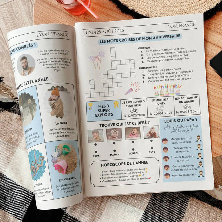journal anniversaire enfant personnalisé avec jeux quiz souvenirs template canva gazette enfant anniversaire
