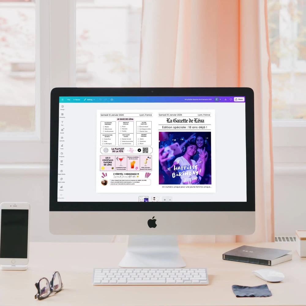 Gazette anniversaire Fun personnalisable sur Canva avec quiz, playlist et visuels festifs 
