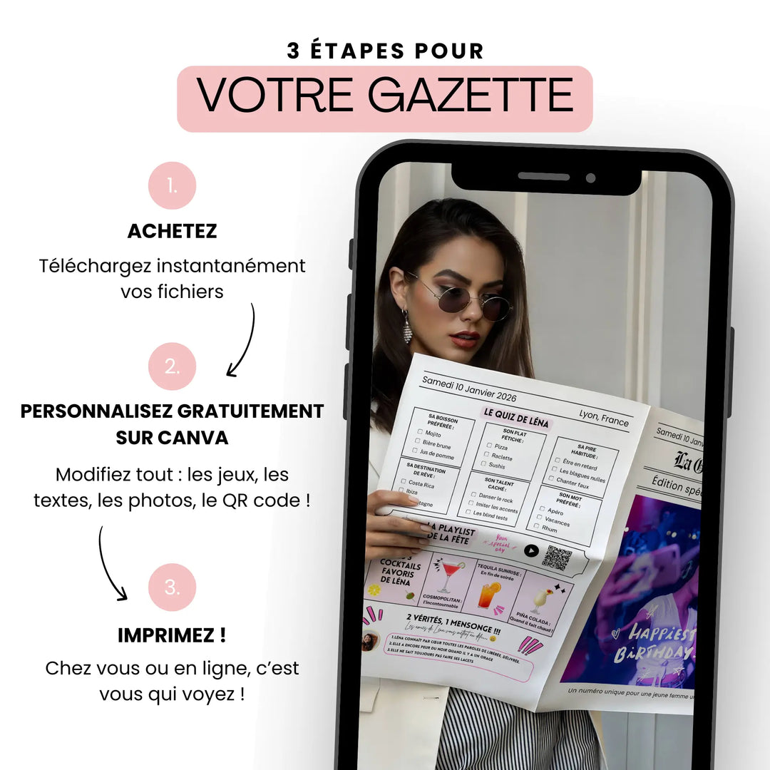 Femme tenant une gazette anniversaire fun personnalisée dans un smartphone, avec les étapes achat, modification sur Canva et impression