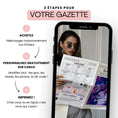 Charger l'image dans la visionneuse de la galerie, Femme tenant une gazette anniversaire fun personnalisée dans un smartphone, avec les étapes achat, modification sur Canva et impression
