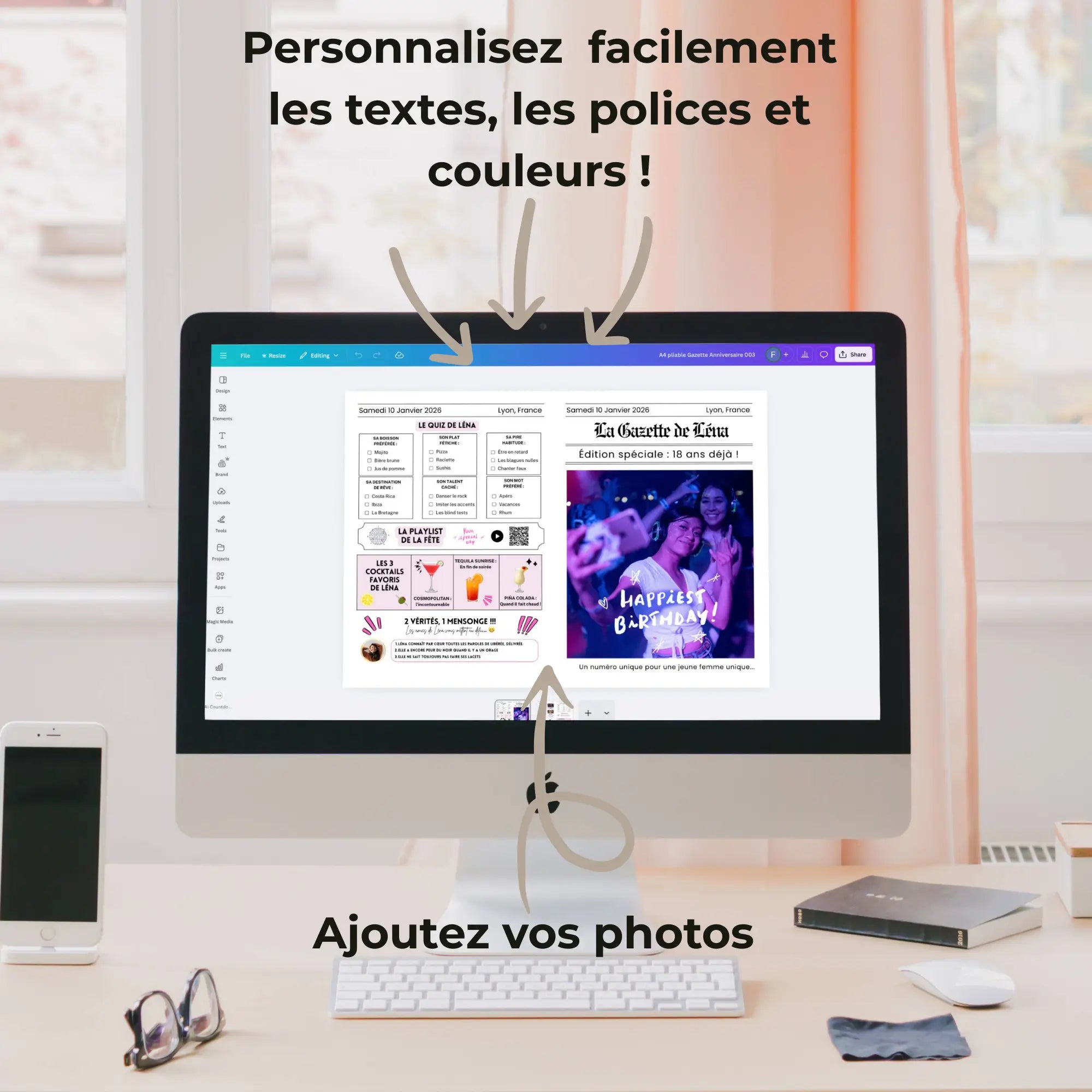 Gazette anniversaire Fun personnalisable sur Canva avec photos, textes et couleurs modifiables