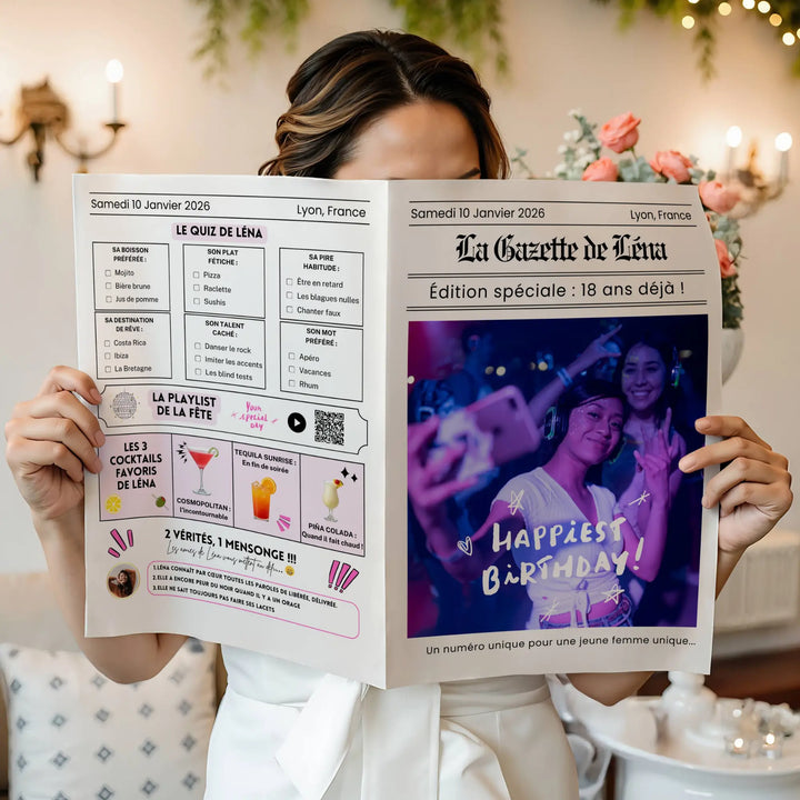 Gazette anniversaire personnalisée pour 18 ans avec quiz, playlist et photo de soirée pour un souvenir fun et unique