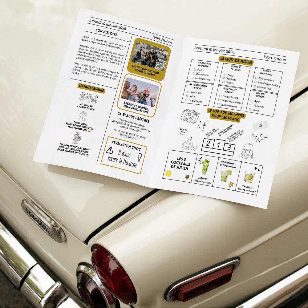 Photo du journal personnalisé anniversaire homme avec jeux, quiz, photos. Une invitation souvenir pour les proches et la famille.