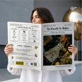 Femme avec un chapeau tenant une gazette diy anniversaire homme, une invitation originale avec playlist qr code, jeux personnalisés et cocktails.