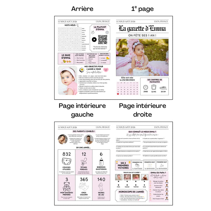 Gazette d’anniversaire personnalisée enfant en 4 pages – modèle Canva avec photos, quiz, horoscope, jeux et récap de la première année