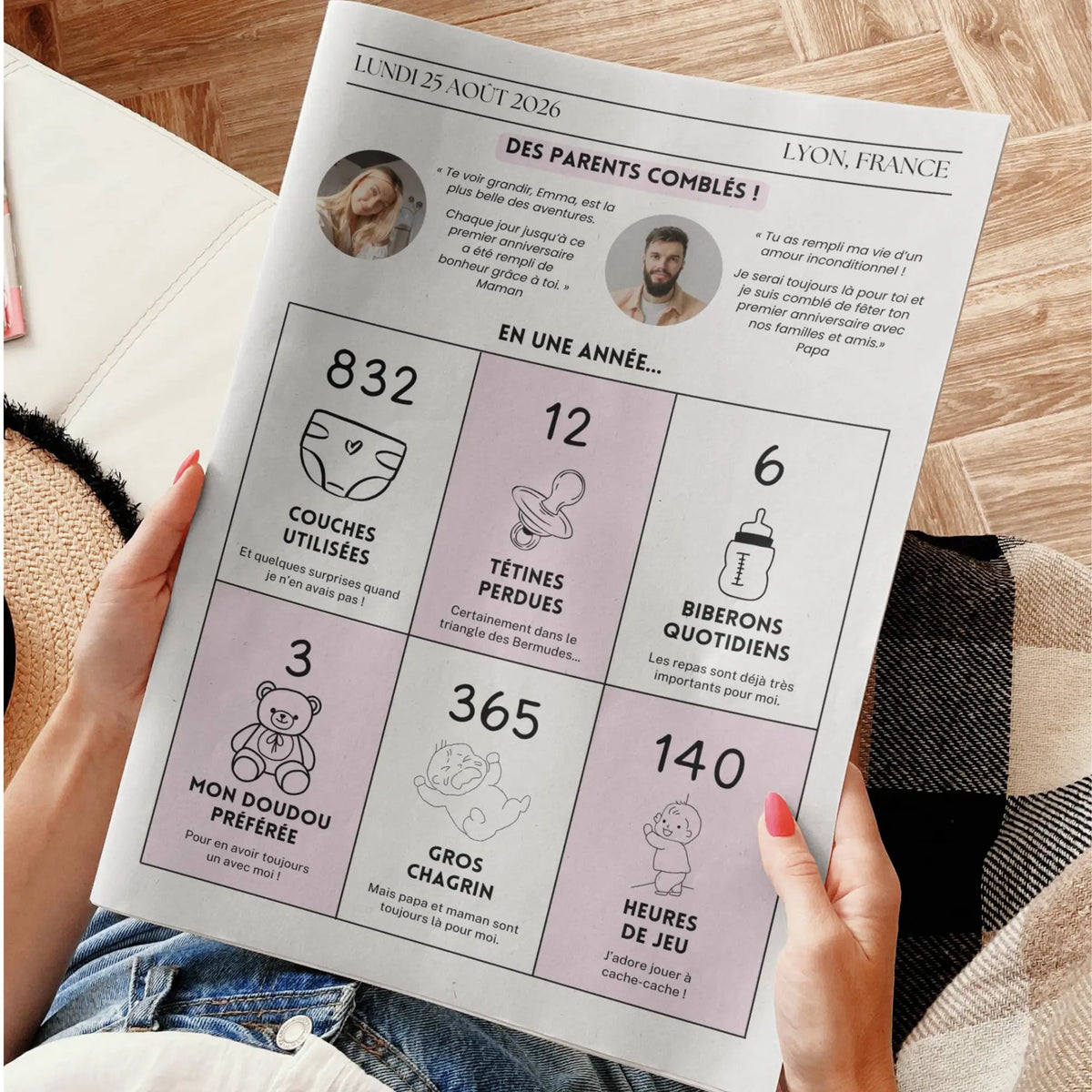 Gazette d’anniversaire enfant personnalisée – page intérieure avec chiffres symboliques de la première année : couches, tétines, biberons, doudou, chagrins et heures de jeu