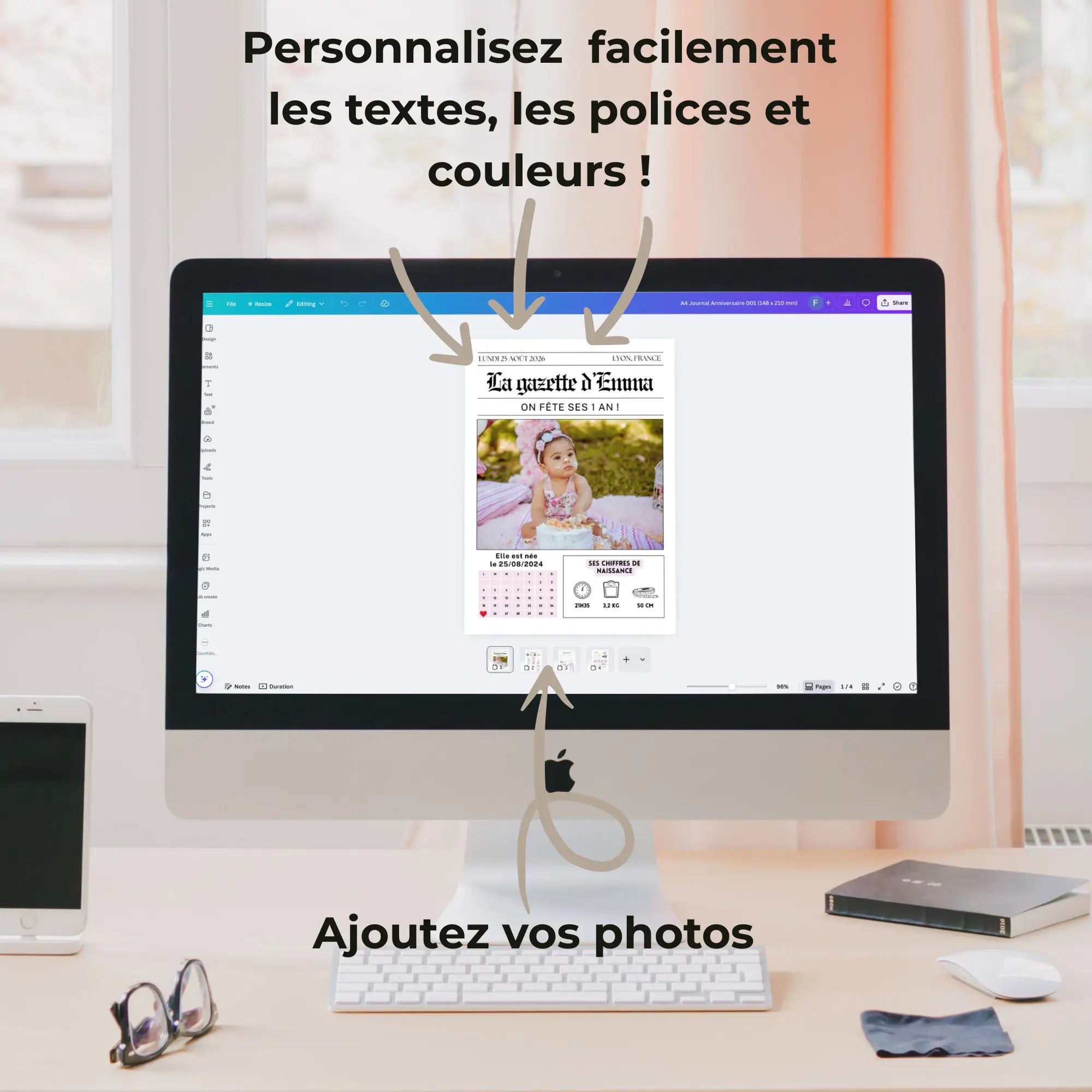 Gazette d’anniversaire enfant personnalisable sur Canva – modèle à modifier avec vos textes, polices, couleurs et photos