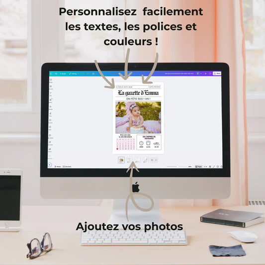 Gazette d’anniversaire enfant personnalisable sur Canva – modèle à modifier avec vos textes, polices, couleurs et photos