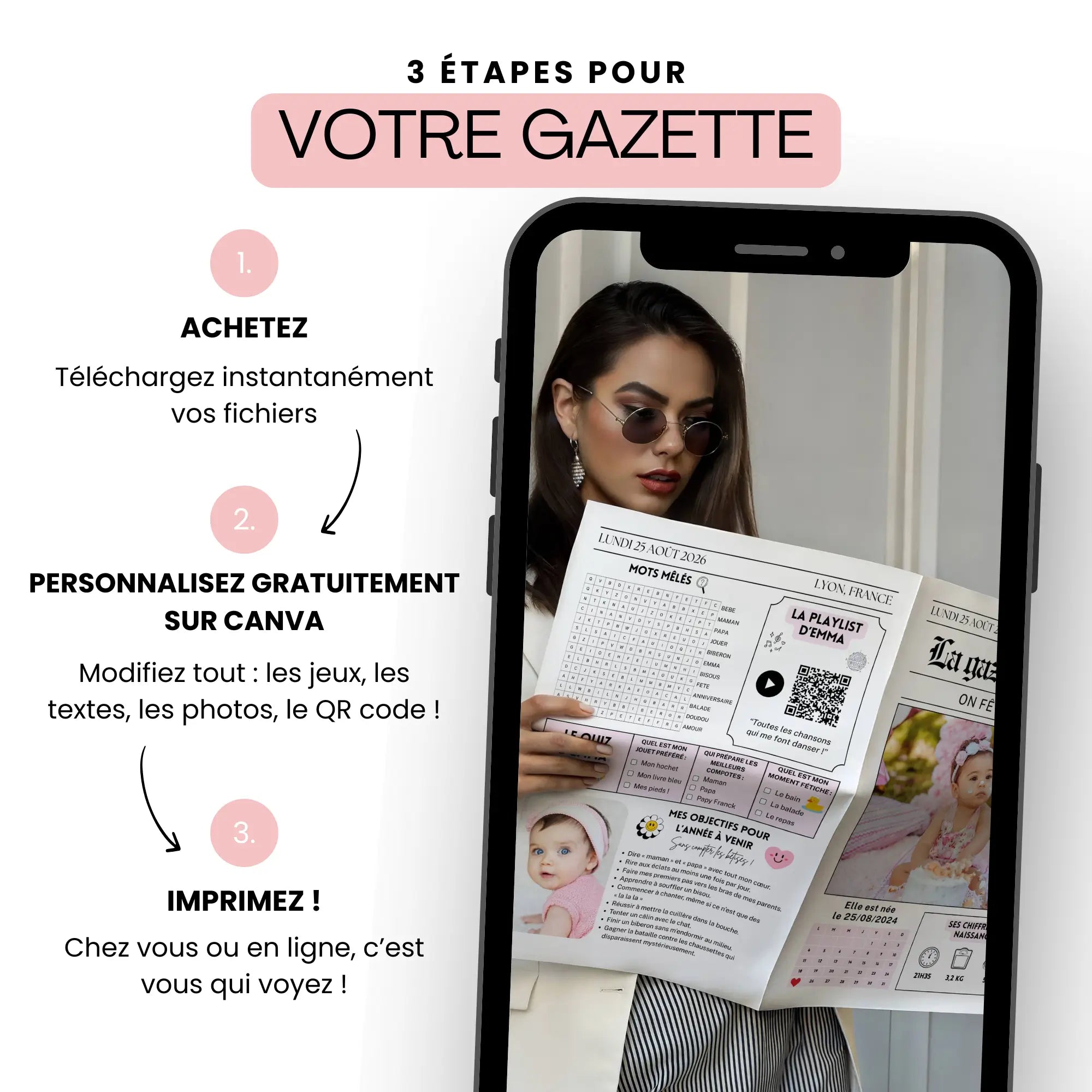 Gazette anniversaire enfant personnalisable sur Canva en 3 étapes : acheter, modifier les jeux et photos, puis imprimer facilement