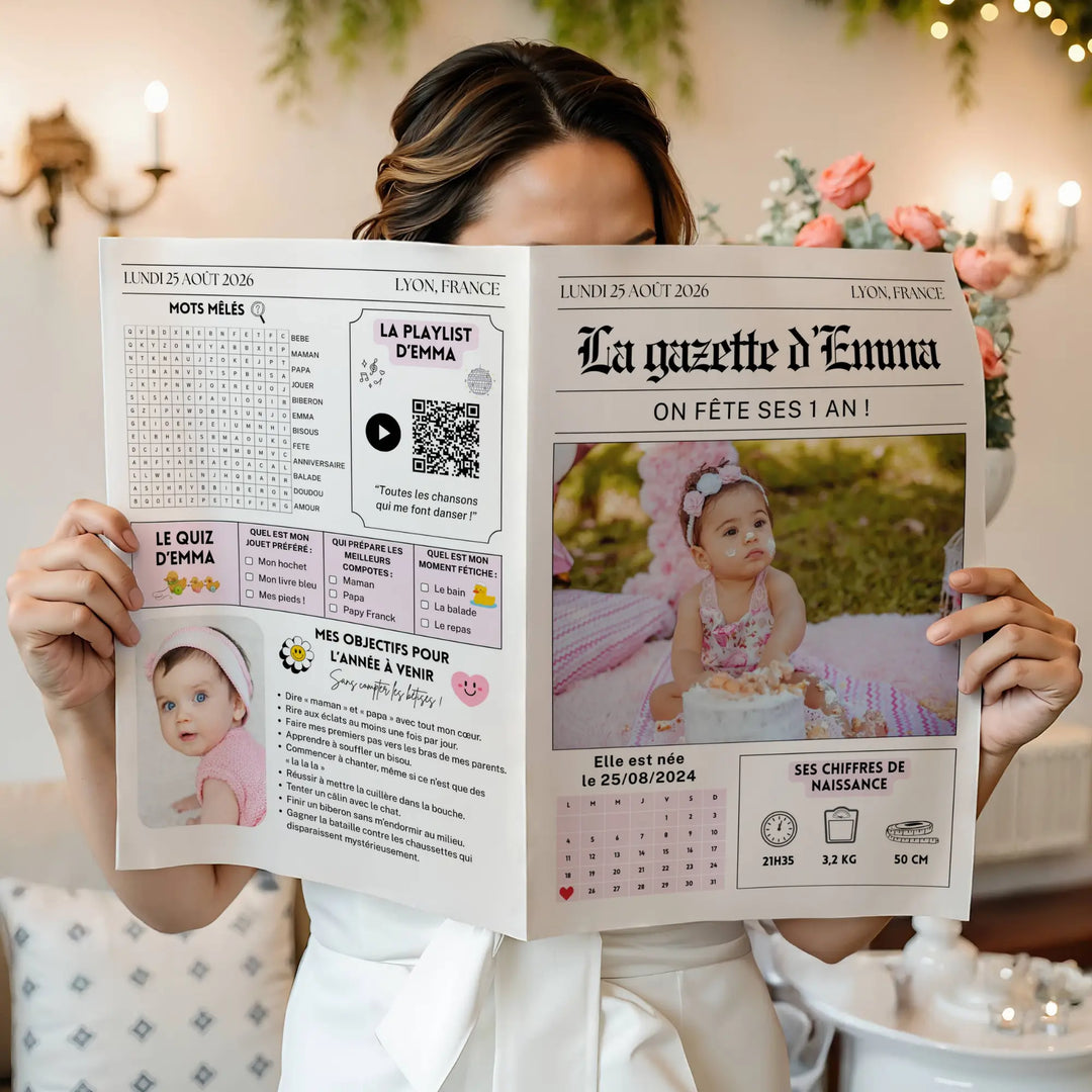 Gazette d’anniversaire personnalisée pour enfant – modèle Canva avec photos, quiz, playlist et jeux pour fêter ses 1 an