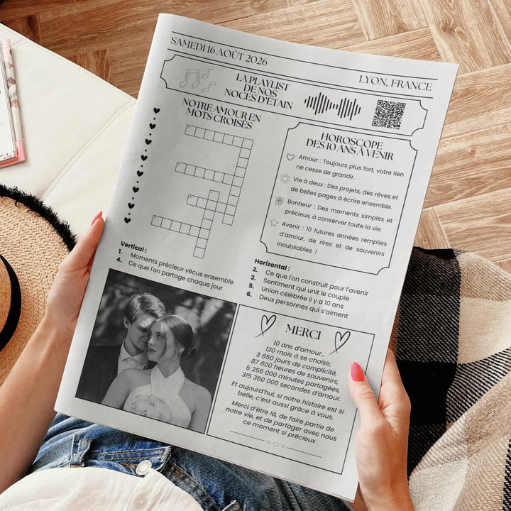 gazette anniversaire de mariage personnalisée, 4 pages pour raconter son histoire, photos et jeux personnalisables.