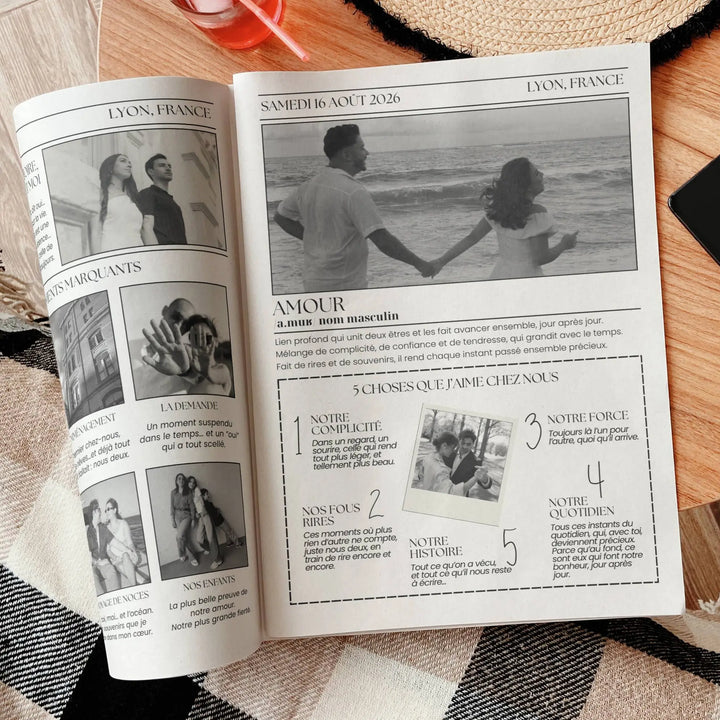 gazette anniversaire de mariage diy, 4 pages pour raconter son histoire, photos et jeux personnalisables.