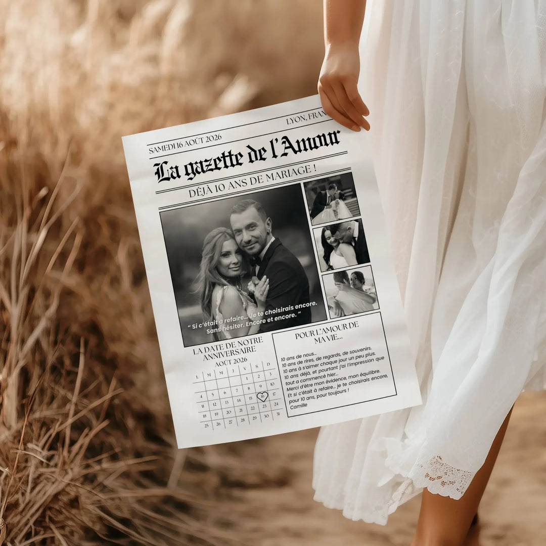 Photo d'une femme tenant dans la main la gazette anniversaire de mariage, un journal personnalisé par le couple pour offrir aux invités du mariage.