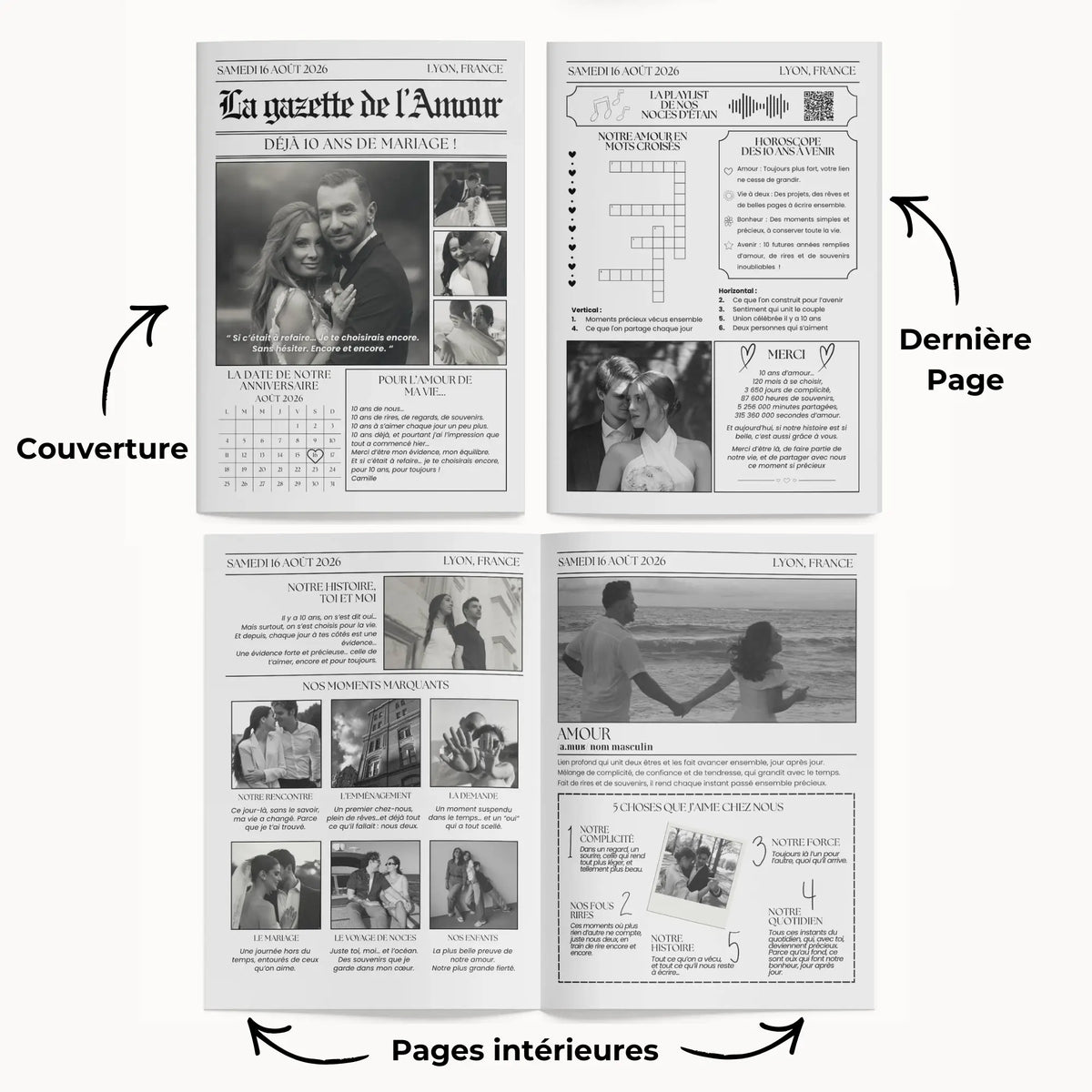Contenu des 4 pages du journal personnalisé anniversaire de mariage, modèle canva.