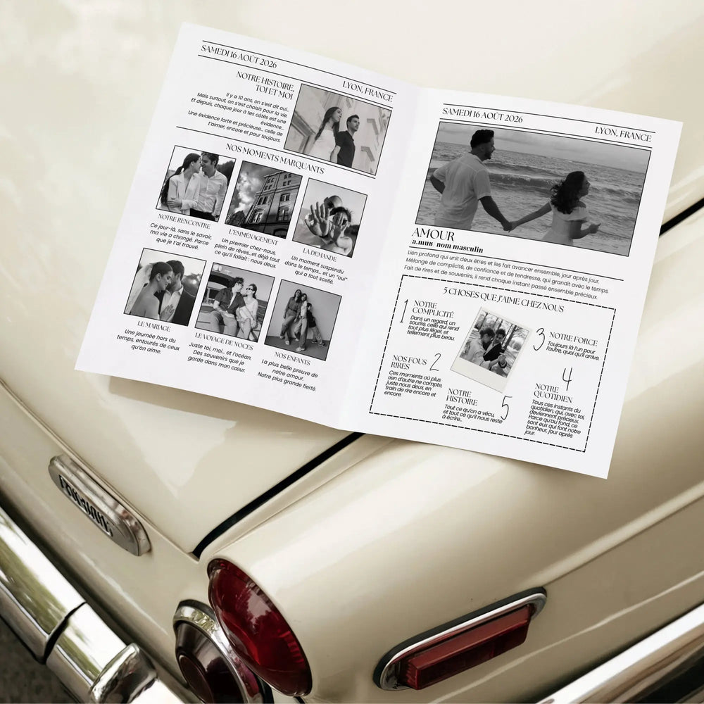 Photo de la gazette anniversaire de mariage noir & blanc ouverte posée sur une voiture.