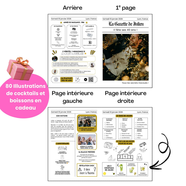 Gazette anniversaire personnalisable 40 ans format 4 pages style journal moderne avec quiz, souvenirs et jeux à imprimer