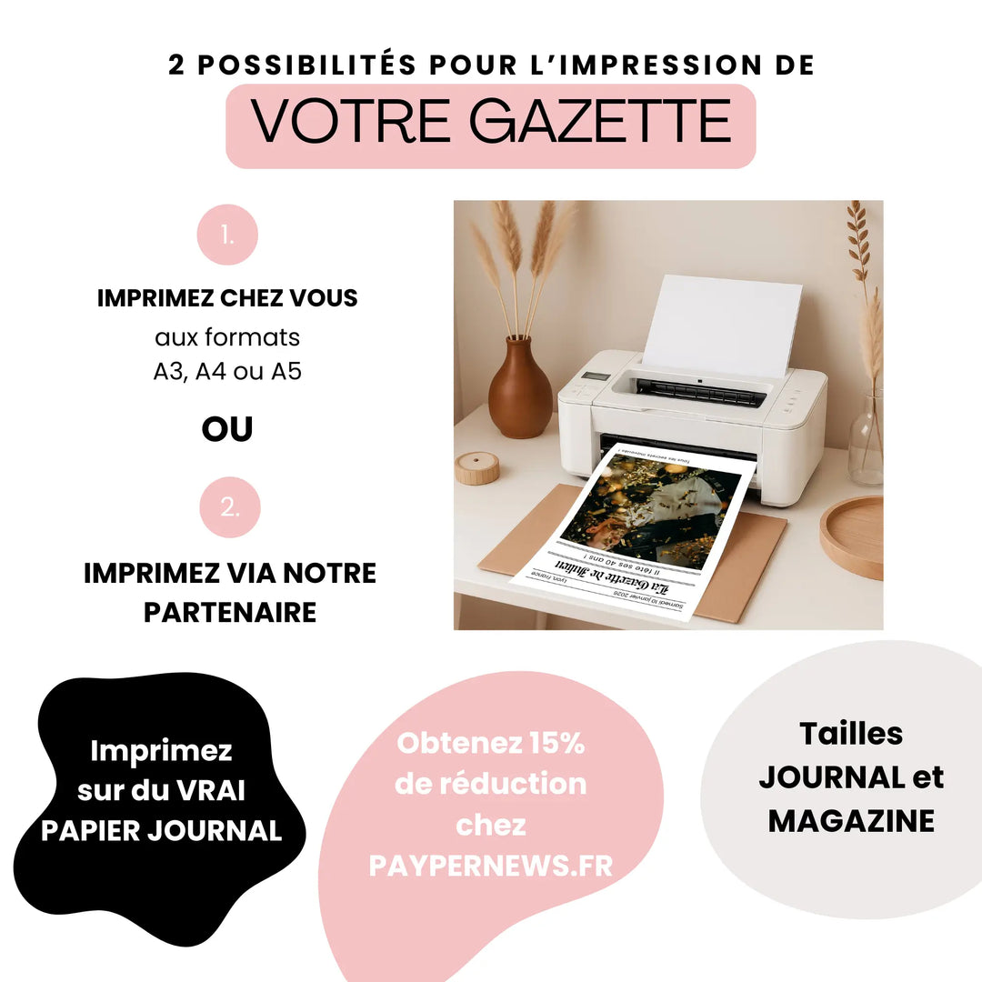 Gazette anniversaire moderne en cours d’impression à la maison, avec option d’impression pro sur papier journal via paypernews.fr