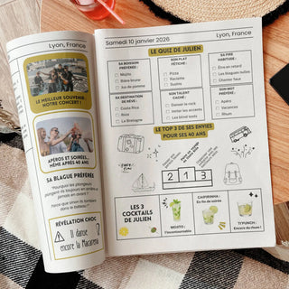 Page intérieure de gazette anniversaire moderne personnalisable avec quiz, souvenirs, blagues et cocktails pour fête des 40 ans