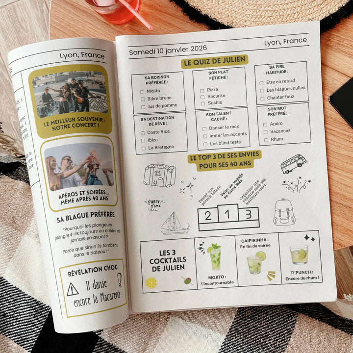 Page intérieure de gazette anniversaire moderne personnalisable avec quiz, souvenirs, blagues et cocktails pour fête des 40 ans