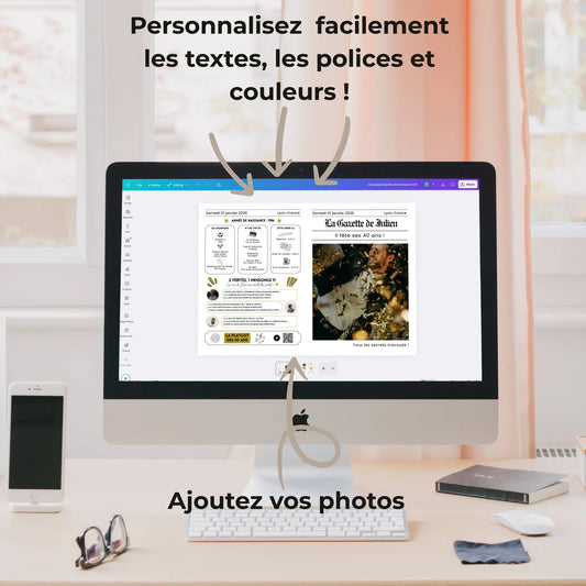 Gazette anniversaire moderne personnalisable sur Canva avec textes, photos et couleurs modifiables pour fête des 40 ans
