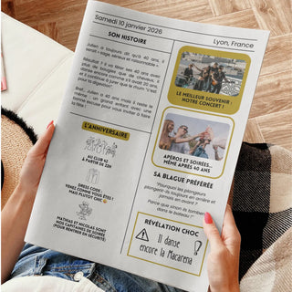 Gazette anniversaire moderne personnalisable avec programme de soirée, anecdotes et souvenirs