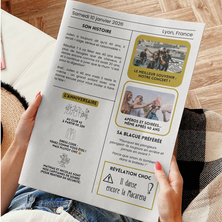 Gazette anniversaire moderne personnalisable avec programme de soirée, anecdotes et souvenirs