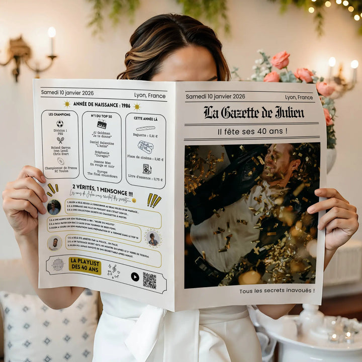 Gazette anniversaire personnalisable 40 ans style journal moderne avec jeux et souvenirs à imprimer