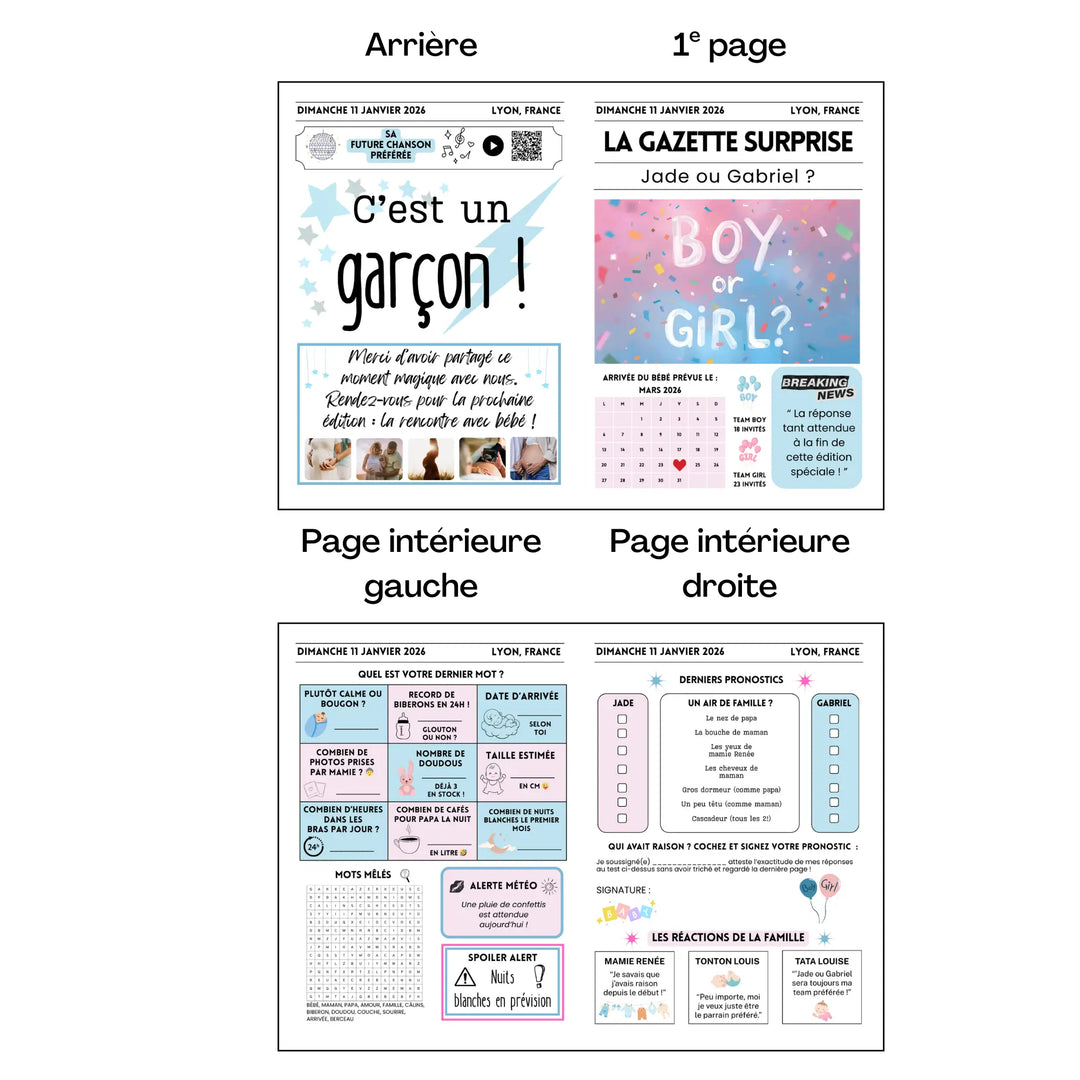 Gazette gender reveal 4 pages personnalisable – modèle 'C’est un garçon' et 'Boy or Girl' avec jeux, pronostics et réactions de la famille à modifier sur Canva