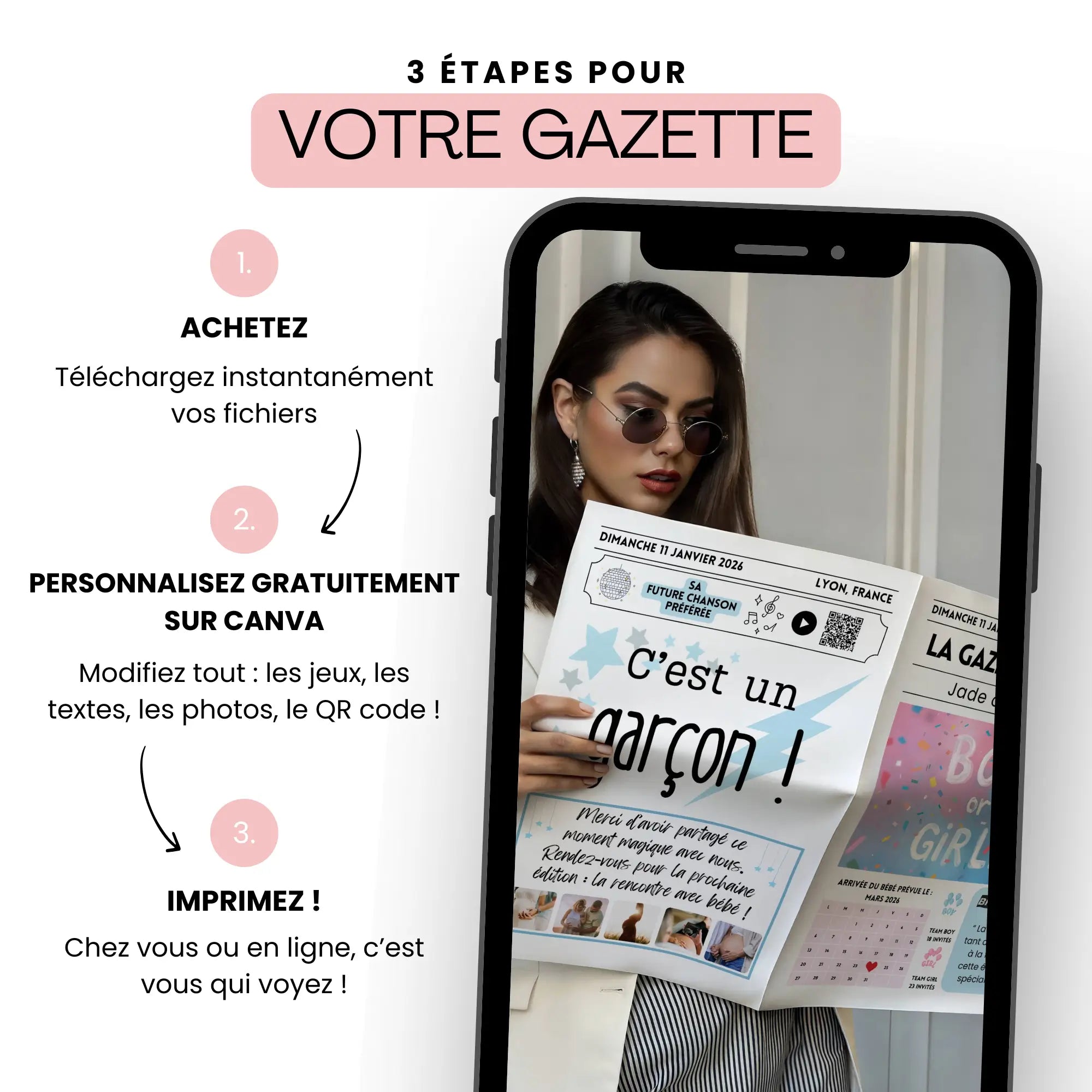 Gazette gender reveal DIY – modèle personnalisable sur Canva pour annoncer fille ou garçon et imprimer facilement