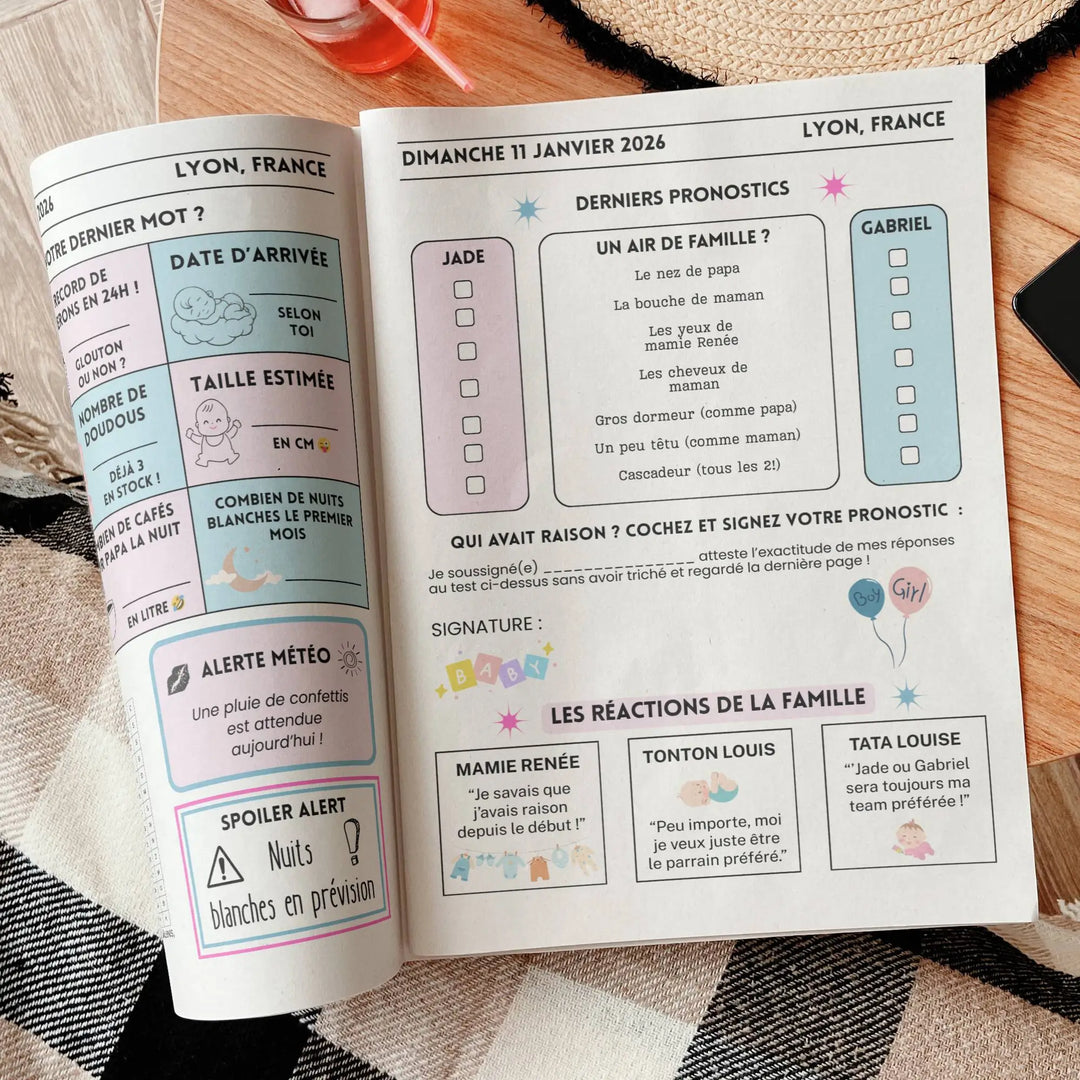 Gazette gender reveal à imprimer – jeux et pronostics fille ou garçon personnalisables pour révéler le sexe du bébé
