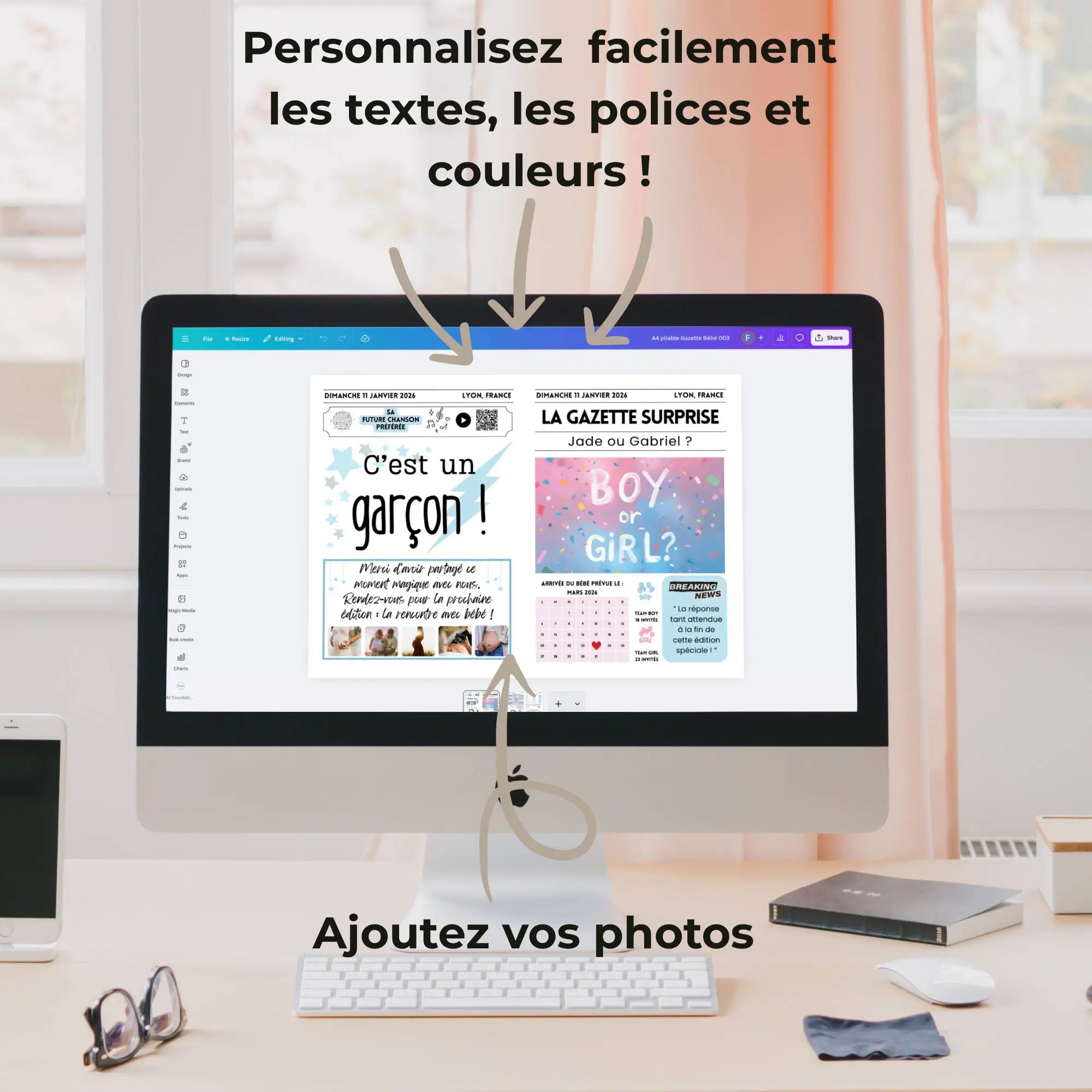 Gazette annonce gender reveal personnalisable sur Canva – modèle 'C’est un garçon' et 'Boy or Girl' à modifier avec textes, couleurs et photos