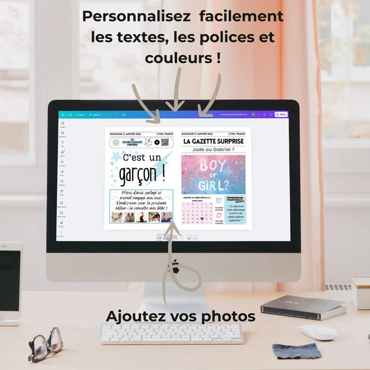Gazette annonce gender reveal personnalisable sur Canva – modèle 'C’est un garçon' et 'Boy or Girl' à modifier avec textes, couleurs et photos