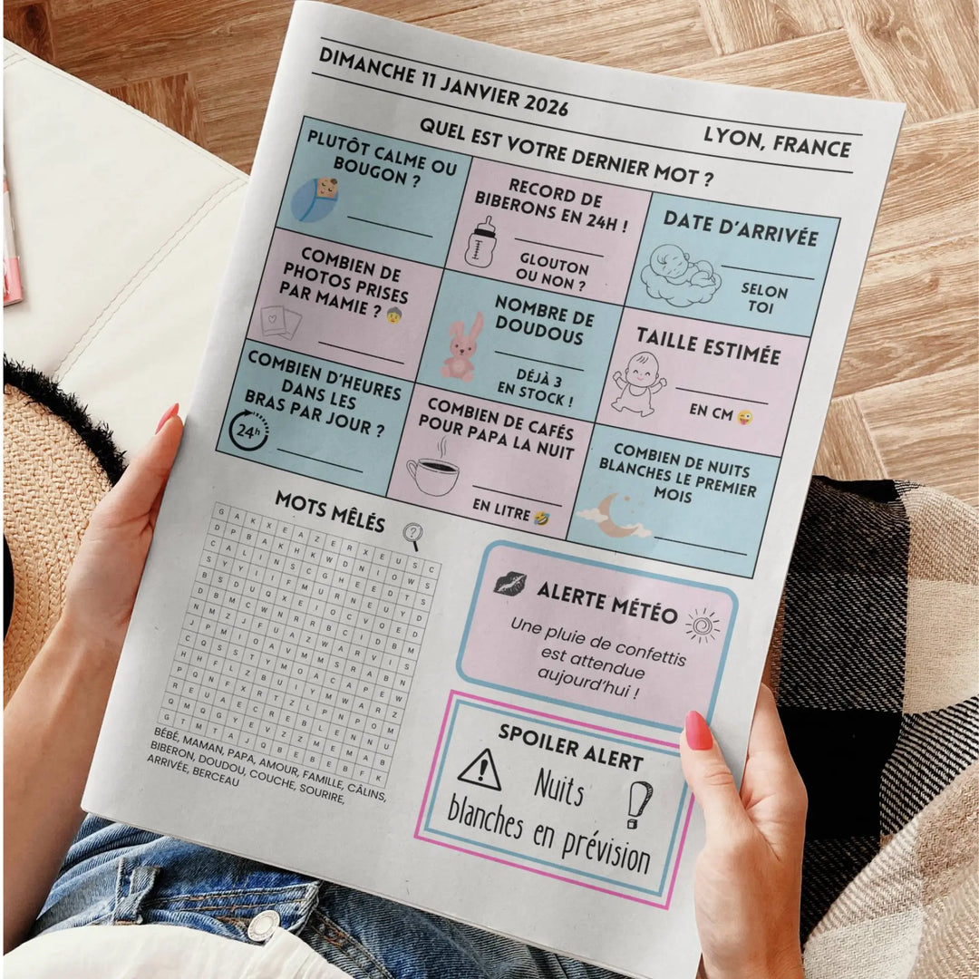 Gazette gender reveal à personnaliser – page intérieure avec jeux et pronostics bébé, mots mêlés, météo humoristique et prédictions pour l’annonce fille ou garçon
