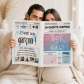 Gazette personnalisée annonçant le sexe du bébé, format journal imprimé avec mention “c’est un garçon” et design festif.