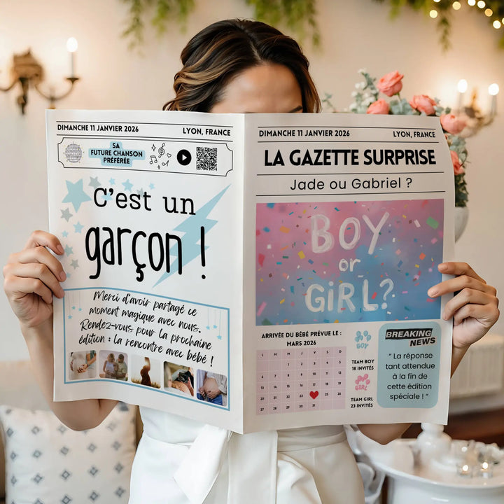 Gazette personnalisée annonçant le sexe du bébé, format journal imprimé avec mention “c’est un garçon” et design festif.