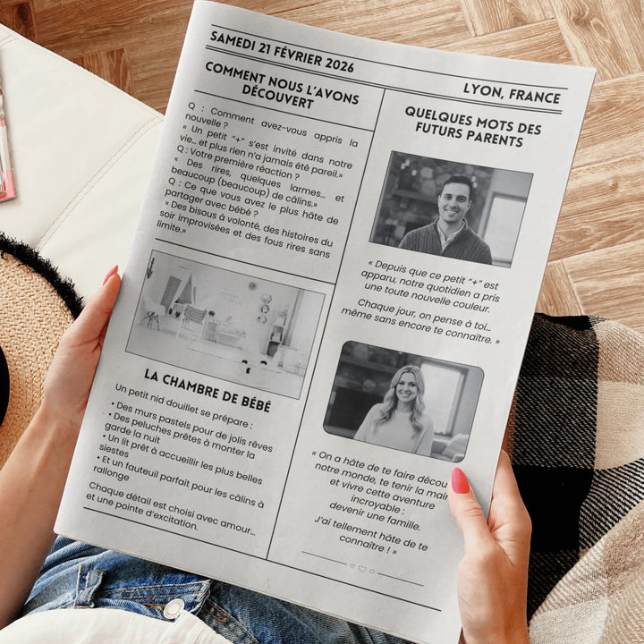 Journal personnalisé imprimé pour faire une annonce de grossesse moderne et tendance.