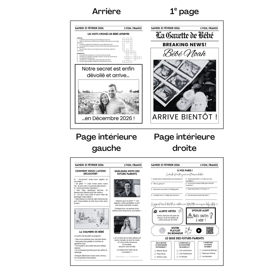 Photo montrant les 4 pages du journal personnalisé bébé, une gazette reveal grossessse par les futurs parents.