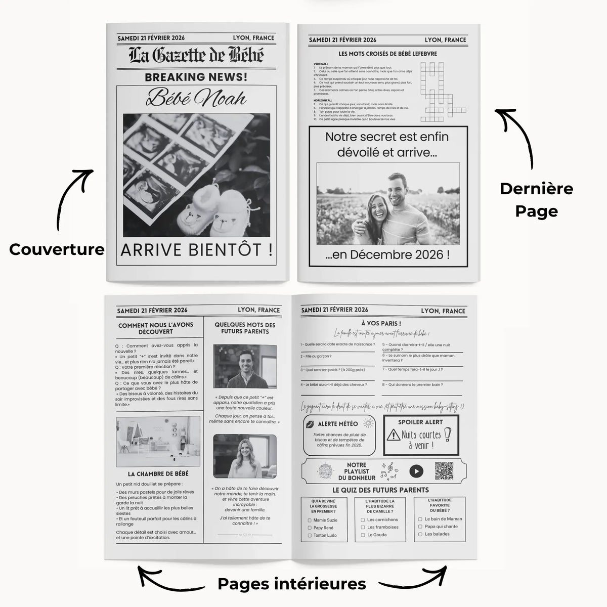 Photo montrant les 4 pages du journal personnalisé bébé, une gazette reveal grossesse par les futurs parents.