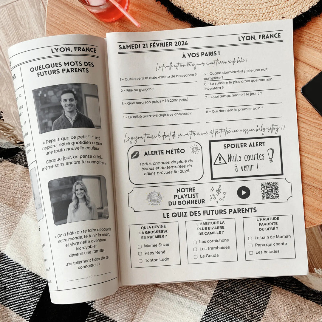 Intérieur d'un journal personnalisé d'annonce de grossesse personnalisable sur Canva.