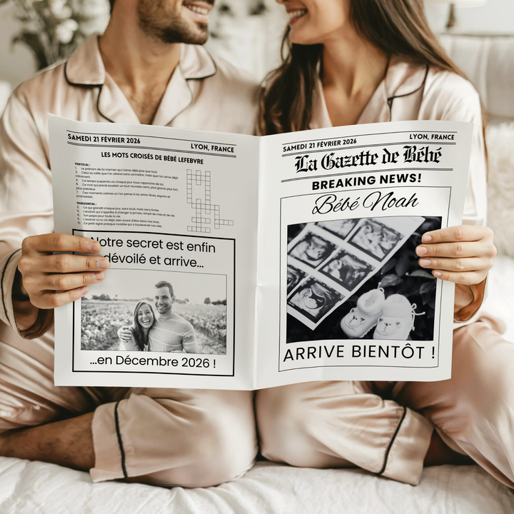 Photo d'un couple annonçant la naissance de leur futur enfant.