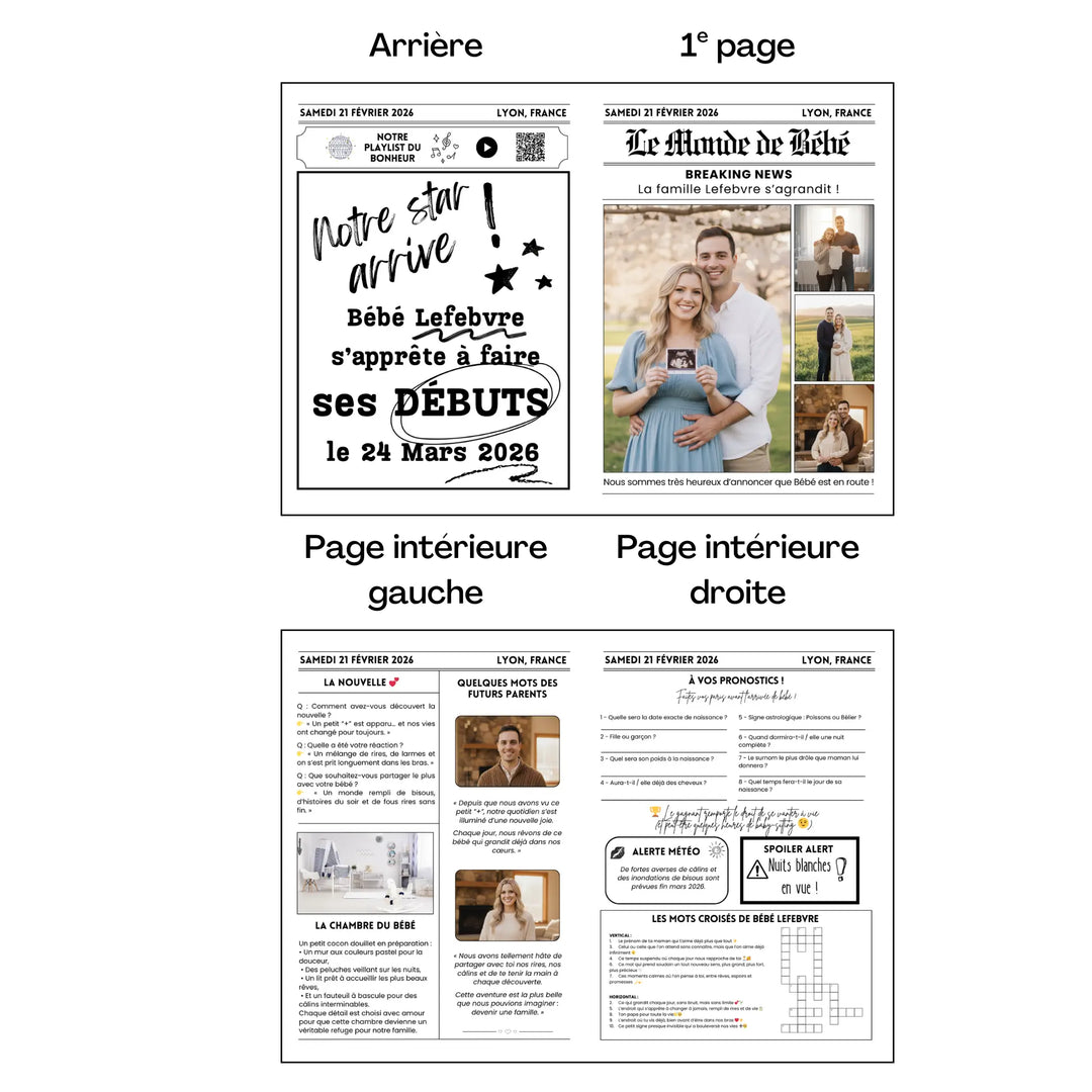 Photo qui montre les 4 pages de la gazette grossesse, un journal personnalisable.